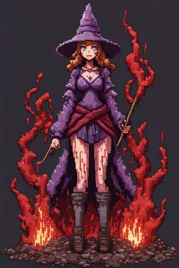 Girl wizard, fullbody, behind blood guts rising from the ground, 8bits, pixel art,