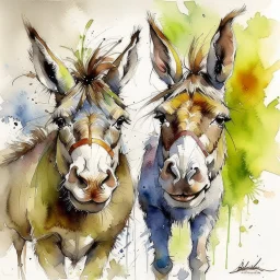 dnd, fantasy, watercolour, humongous strokes, stylistic, portrait, illustration, furry, a couple of donkeys , personable face