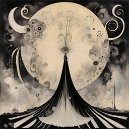 Divorced from reality metaphysical unholy roller, Wassily Kandinsky and Kay Nielsen and Stephen Gammell deliver a dark surreal masterpiece, muted colors, sinister, creepy, sharp focus, dark shines, asymmetric