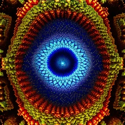 a mandelbulb 3d fractal made of small metallic random color cubes