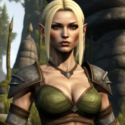 A bosmer female barbarian from Morrowind with short blond hair