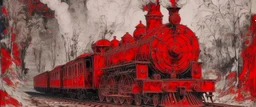 A red railway covered in smoke painted by Jean Dubuffet