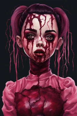 full color, illustration of a darkred and pink tones, menacing, Singer Melanie Martinez face, as a decayed, broken, skin turned translucent, black veins that extended like roots beneath her skin, latex suit, crude homemade cloth doll toy, with a narrow cracked porcelain face, thick dark eyebrows, hair in two gradually, made from ragged strips of cloth, in the style of Alex Pardee, Tim Burton, and Nadya Sheremet