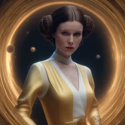 model shoot style, digital art full body portrait of (Princess Leia) ((dressed in white and gold gown)), surrounded by planets, ultra-detailed, ultra quality, ((official character art)), (dark fantasy), illustration, eerie atmosphere, 8k, cinematic lighting, bokeh