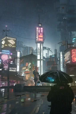 Cyberpunk district with giant foggy skyscarpers, cars, FoV: 100, HD, Unreal Engine 4, heavy rain, rainy streets reflection, neon signs, low contrast, grainy, less color, titanfall,