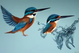 A beautiful kingfisher diving out of water, fish in beak. Waterpearls on feathers. Highly detailed, smooth colours, realistic landscape