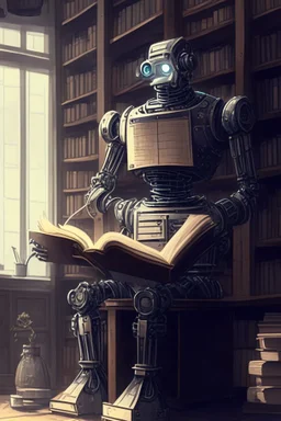 A huge library is serviced by computers, and there are many books on the shelves. The robot is sitting on a chair at the table and holding an antique book in his hands. Expression. High-quality drawing, 8K