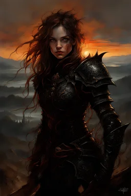 A formidable warrior girl in black armor, on the background Amazing gloomy landscape, flooded with sunset, mountains, trees, fabulous scary hero, , juicy emotions, painting, dark fantasy, gloomy day, dark world, portrait, Gothic Town At Night, Fantasy, Intricate Details, Castle Courtyard Gardens, Hyper Detailed, Jean Baptiste Monge, Carne Griffiths, Michael Garmash, Seb Mckinnon, Masterpiece