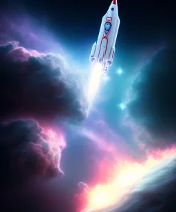 clean modern white rocket flying, beautiful nebula, far shot, 8k, realistic