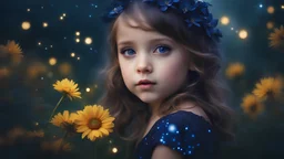 Photograph of a beautiful 5-year-old girl, beautiful, dark garden, flowers on her head, indigo glitter dress, young girl, fantasy art, portrait, baby face, big eyes, bright eyes, dream, trees, dark night, song, glittering background, fantasy, high quality, fireflies, moon, stars, 8k