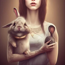 a cute smiling girl holding her bunny, tattoo in her face, michelangelo oil painting, steam punk, scary, horror, realistic, made in octane, cinematic, ultra-realistic, extremely detailed octane rendering, 8K, VRAY Super Real ar 2:3, dof photorealistic futuristic 50mm lens hard lighting dark gray tintype photograph, realistic lighting, sephia colors