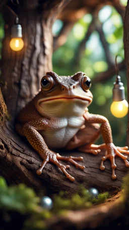 portrait of hairy frog living inside a tree house in a hollow huge tree growing light bulbs,bokeh like f/0.8, tilt-shift lens 8k, high detail, smooth render, down-light, unreal engine, prize winning