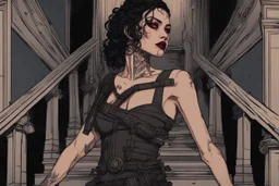 scarred cyberpunk vampire girl with tribal tattoos short curly dark cyberpunk hair descending the staircase in decaying gothic mansion with double barreled shotgun in hand at dawn