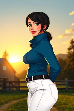 In a realistic, non-anime, vintage cartoon style: Bust shot of 35-year old, chubby Scandinavian dark-haired mansion owner lady with green eyes and very thick lips, wearing equestrian attire with tight white pants and blue, tight-fit jacket, posing in Bavarian countryside in sunrise.