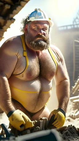 close up photography of a 58-year-old Italian man , strong burly chubby sweat, maneuvers a large excavator in a construction area under the sun, shirtless with safety vest and white see through mesh underwear, opened big legs, backide, looking forward, big belly, curly beard, ambient occlusion, frontal view, 4k, view from the bottom