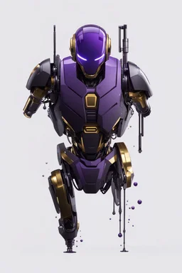 Human Like Cyborg, Royal purple and Gold, Combat Robot, Dangerous, Strong, Destroyed, Inside a Vat of Liquid