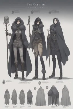 A dnd character sheet. A woman dressed for the cold north dressed in dark furs, with black hair. Death cleric wearing a mask, female woman girl