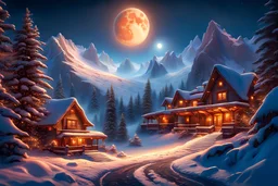 Fantastic, lunar, alien, unusual, starry, winter, mountain resort, high detail, complex details, high resolution, clear quality, beautiful lighting, spectacular lighting, deep shadows, warm colors, warm light, Thomas kincaid, Dmitry Vishnevsky, Elegant, 8k, Oil on canvas, Super detailed, 4K 3D, Clear quality, Colorful, Very cute