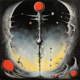 Caduceus in the backdrop of a black void, by Yves Tanguy, by Gerald Scarfe, asymmetric surrealism, sharp focus, nightmarish, complimentary primary colors, double helix figure, cosmic orbs with holes in them circling