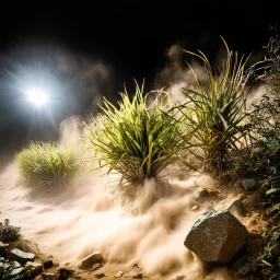 A striking quality Kodak photograph captures a wasteland with liquid and group of monstrous plants, creepy, details of the dust very accentuated, glossy organic mass, adorned with minerals and rocks. Bathed in intense light, eerie, Max Ernst style, white sun, fluids, fog, paranoic, obsessive