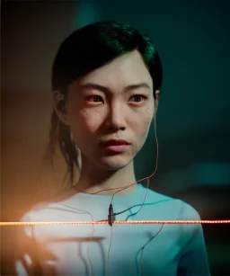 Ultra realistic photographic night portrait, cinematic, <Asian woman> <hanging wires> <retro monitor> many wires coming out of the head <perfect pupil> <cyborg arm> <garage> <wide angle Shot> <sci-fi futuristic> <thriller>, led lights, color fog, soft color, highly detailed, unreal engine 5, ray tracing, RTX, lumen lighting, ultra detail, volumetric lighting, high definition.