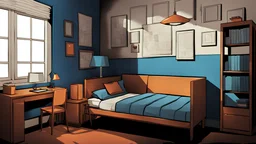 comic style, a room : 1.5 | with blue walls : 1