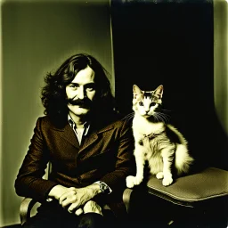 Awkward portrait Photo, 40 years old sitting on chair, weird smiling, long 1970 hair and mustasch, polaroid camera, holding a cat