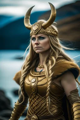 generate a beautiful female viking with gold armrings and necklace, on her head a helmet with two big gold horns, her dress is made og reindeerfur, by her side is a wild wolf, she is onbord her wikingship on her way into the geriangerfjord in norway, the water is wavy and the wind is blowing in her hair