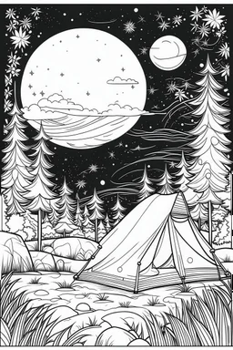 A campsite under a starry night sky, with a crackling campfire and a cozy tent, represents the freedom of simplicity and outdoor living..coloring book page, simple and clean line art, adult drawing book, black and white, crisp black lines, no shades, sharp lines, coloring book for adults, cartoon style, landscape