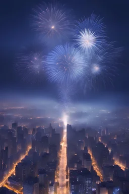 A huge city with blue fireworks over the skyine. beautiful night