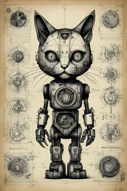 Hand drawn full body illustration by Wayne Reynolds ,old paper with detailed engineering schematics of dark gothpunk cute robotic cat with highly detailed facial features, detailed drawings, cross section, concept sheet sketch, 8k