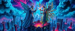 Mercedes maguffin. Metallic Epic portrait of most holy paladin vs demi-lich in tower cemetery in the style of Giger and Escher in Transparent Psychedelic Fluorescent Colors looking like a Record Cover, multidimensional depth of field, airbrush pen outline, on top of tower, seen from the clouds