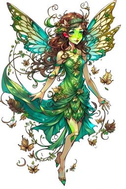 Forest fairy with iridesand teal wings and a cute short leaf dress and pointed ears and multiple vine earings and ear cuffs flying through a mythical forestand brown wavy hair trailing her