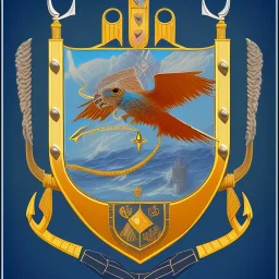 coat of arms of a city in a bay with an anchor and a kestrel, very detailed