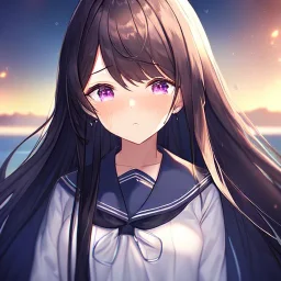 Clear focus,High resolution, Black long straight hair, Long bangs, and purple eyes, Looking down on you, wearing a sailor uniform that is black and red, sighing, Detailed hair, Crying, Frowning