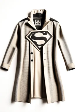 Men's Superman's Zara overcoat Winter elegant inspired by Superman's emblem design beige tones with dual color on a white background, product catalog photography, soft spot lighting, depth of field, 4k –ar 3:5 –q 2