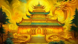 A yellow palace with glowing light dragons painted by Guo Xi