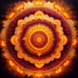 Hyper Realistic Photographic-View of a Glowing-Golden-With-Orange-Yellow-&-Maroon Mandala.