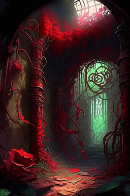 Abandoned Azetc steampunk dungeon room in overrun with vines and red flowers painterly fantasy rpg art