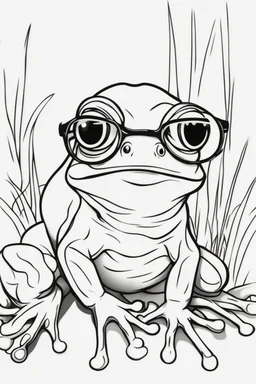 Outline art for cute coloring pages with frog with glasses, full body, white background, sketch style, only use outline, clean line art, no shadows and clear and well outlined.