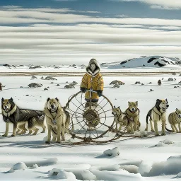 Create an image of sledge dogs that drag a sled in the snowy expanses of Alaska on which sit four Eskimo children dressed in white bear fur coats, the sled makes deep tracks in the snow, in the background of his circle in front of which stands an Eskimo hunter with a catch of fish, afternoon photo, outdoor photo, photo Realistic, 18K, wide lens