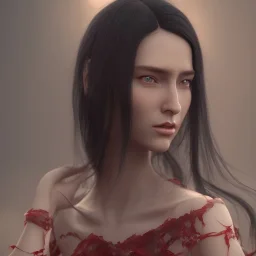 portrait only koren woman, long black hair, red dress, full body, 8k, highly realistic, octane render,