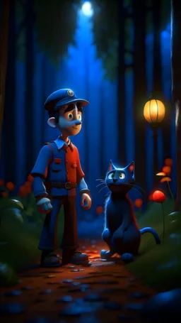 Halloween portrait of postman pat and his creepy cat, full moon, in dark forest grove, down-light, shot on Hasselblad h6d-400c, zeiss prime lens, bokeh like f/0.8, tilt-shift lens 8k, high detail, smooth render, down-light, unreal engine, prize winning