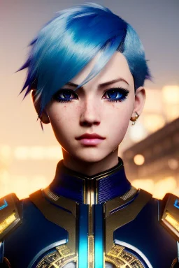 Cyborg anime warrior, light blue hair, short and messy hairstyle, pierced ears, golden eyes, waist up portrait, 8k resolution, intricate details, ornate details, soft lighting, vibrant colors, retroanime, masterpiece, intricate eyeliner, dark eyeshadow, eyes, intricate tattoos, futuristic cityscape background