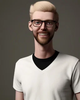 a tall guy who is skinny and scrawny with blond hair and blond beard. his hair is to the left side and he wears glasses. he is wearing a white t-shirt, black jeans and has straight teeth and brown shoes