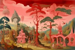 A pink jungle with a treetop village painted by Salvador Dali