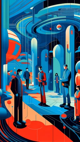 An digital painting by Kuniyoshi and Kandinsky of tech-people walking inside a futuristic digital world.