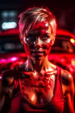 muscular blonde woman, short hair, covered in translucent red slime, standing in front of burning car, creepy lighting, 8k uhd, breathtaking masterpiece, intricate film grain, ultra realistic wallpaper, sharp focus bokeh, studio quality perfectionism, by hellraiser