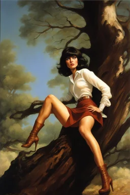 Portrait of Velma Dinkley, long-sleeved blouse, miniskirt, leaning forward against a tree, perfect body, perfect face, perfect eyes, dark hair, glamorous, gorgeous, delicate, romantic, realistic, romanticism, blue tones, Boris Vallejo - daylight Background - blue skies, sunlight - dark, wood panel wall in the background - fire, fog, mist, smoke