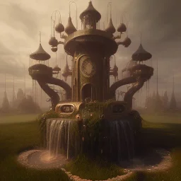 a fairy fountain, scary, steam punk, realistic, made in octane, cinematic, ultra-realistic, extremely detailed octane rendering, 8K, VRAY Super Real ar 2:3, dof photorealistic futuristic 50mm lens hard lighting dark gray tintype photograph, realistic lighting, sepia color